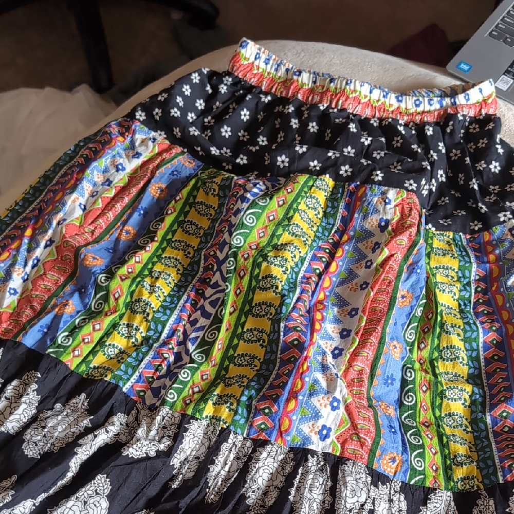Obus Colorful A-Line Skirt with Black and Green Accents patch work skirts